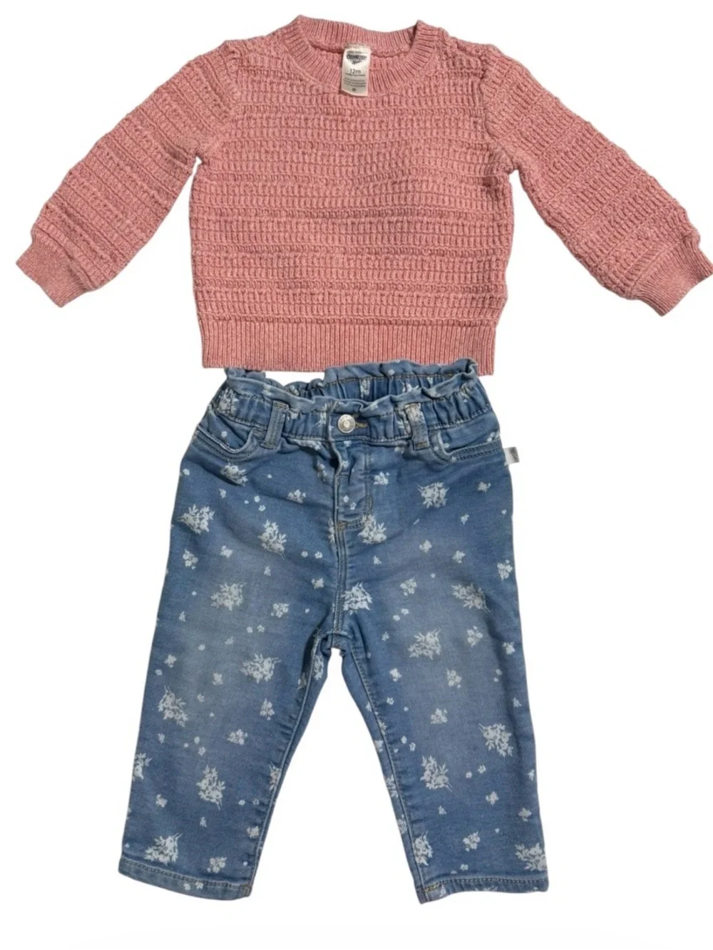 OshKosh B’gosh Baby Girl 12M 3 Piece Bundle Floral Denim Jeans Knit Sweater